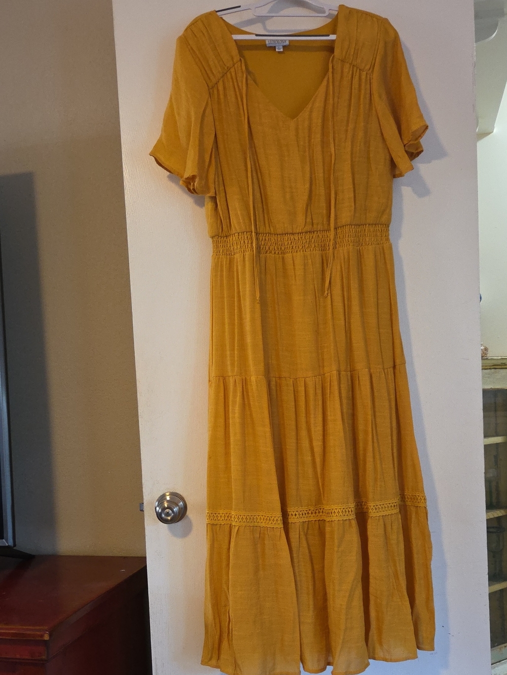 Luxology Mustard Tiered Maxi Dress with Smocked Waist
